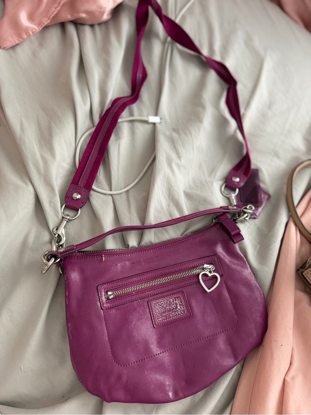 Coach Magenta Leather Crossbody with Heart Charm